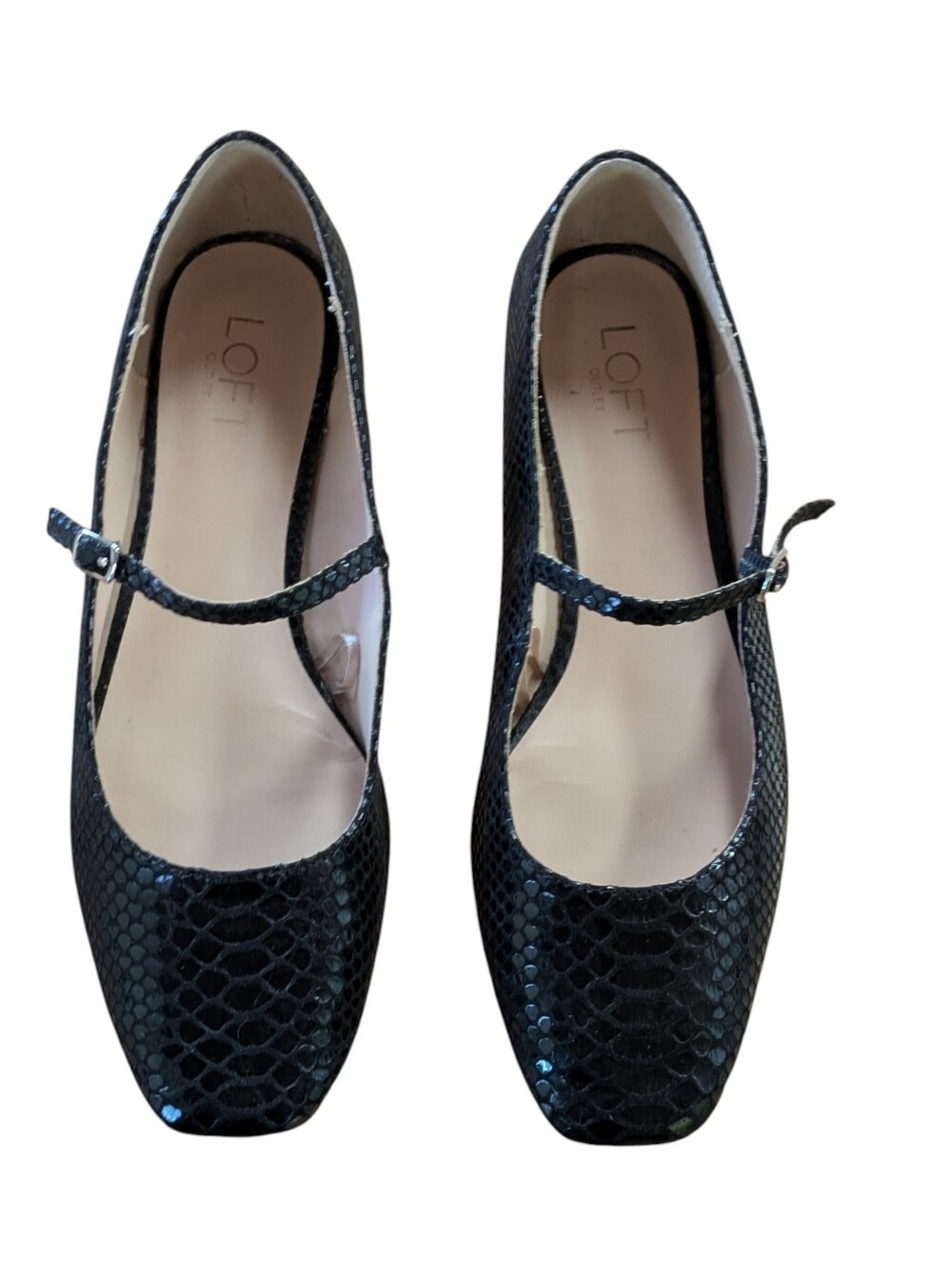 Loft Outlet Black Faux-Snakeskin Square Toe Mary Jane Flat Size 9 - Picture 2 of 9
